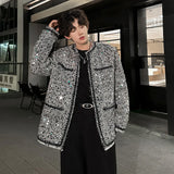 Chicmy-Korean Fashion Shiny Sequin Jacket Sliver Round Collar Long Sleeve Jackets Coats Autumn New Ladies Gentleman High Street