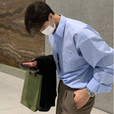 CHICMY-Korean Fashion Men High-end Blue Shirt Men Summer Solid Color Simple Casual Loose Button Pocket Long-sleeved Shirts for Men