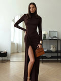 Chicmy-new years eve outfits Christmas party outfits Elegant Turtleneck Thigh High Split Sexy Maxi Dress Women Fashion Long Sleeve Draped Robes Autumn Bandage Bodycon Party Dresses