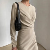 CHICMY-Women Dress Solid Color Draped Tight Waist Lady Sheath Dress O Neck Casual Straight Slim Female Pencil Dress For Work Party