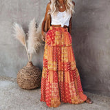 CHICMY-Bohemian Skirt Commuting Boho Ethnic Print Maxi Skirt Vintage Patchwork A-line Pleated Vacation Skirt Soft Breathable Full