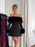 Chicmy-new years eve outfits Christmas party outfits Women Black Fluffy Faux Fur Backless Mini Dress Fashion Strapless High A-neck Slim Dresses 2024 New Lady Party Gown Vestidos