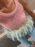 Chicmy-Women Sweet Pink Spliced Feather Cropped Knit Vest Sexy Skinny O Neck Sleeveless Pullover Top 2024 Autumn Lady Club Elegant Tank