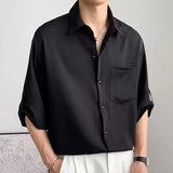 CHICMY-Solid Color Ice Silk Shirts for Men Short Sleeve Summer Drape Lapel Button Korean Loose Business Casual Top High-end White Shirt