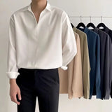 CHICMY-Long Sleeve New Thin Drape Casual Shirt for Men Small V-neck Design Men Shirt Summer Loose Korean Solid Color White Shirt Men