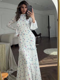 ChicMy Ruffle Printed Long Sleeve Long Dress Women's Elegant Contrast Color Slim Fit Lace Waist Casual Summer Fashion Long Dress