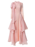 Chicmy Solid Spliced Lace Up Long Dresses For Women O Neck Long Sleeve High Waist Temperament Dress Female Fashion Style