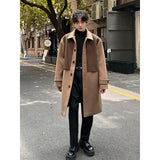 Chicmy-Autumn Winter Contrast Color Trench Woolen Coat Men's Medium Long High Street Korean Fashion Male Turn-down Collar Overcoat