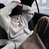 Chicmy-Winter Outfits Men chill guy Autumn Men's Henry Collar Knit Sweater Korean Popular Light Luxury Button-down Long Sleeve Retro Leisure Streetwear Pullovers