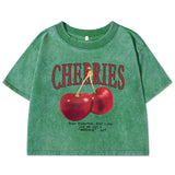 Chicmy-Red Cherries Letter Printed Female T-shirt Fashion Summer Washed Clothing Casual Cotton Crop Top Retro Tee Shirts For Women