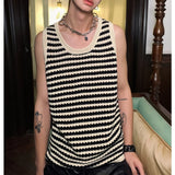 CHICMY-2024 Summer New Niche Knitted Hollow Striped Vest Men Spaghetti Straps O-Neck Casual Loose Retro Couple Knit Sweater Vest