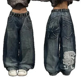 Harajuku Retro Hip Hop Print Baggy Jeans New Y2K Womens Black Pants Gothic High Waisted Wide Trousers Streetwear