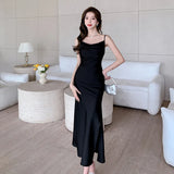 Chicmy-Christmas Party Dresses Elegant Party Black Satin Midi Dresses for Women 2024 Summer New Sexy Fashion Bodycon Sleeveless Split Strap Female Clothing