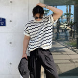 CHICMY-Men's Outfits Summer Men's Clothing Luxury Striped O Neck Knitted T Shirt Retro Half-sleeved Korean Popular Knitwear Leisure Hollow Out Tees