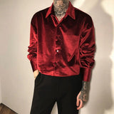 CHICMY-Spring New Arrival Wine Red Velvet Shirts for Men High-end Niche Luxury Solid Color Lapel Buttons Long Sleeve Drape Mens Shirts