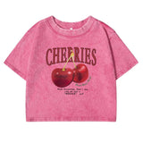 Chicmy-Red Cherries Letter Printed Female T-shirt Fashion Summer Washed Clothing Casual Cotton Crop Top Retro Tee Shirts For Women