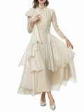 Chicmy Solid Spliced Lace Up Long Dresses For Women O Neck Long Sleeve High Waist Temperament Dress Female Fashion Style