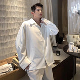 CHICMY-New Ice Silk Drape Cuban Collar Shirt for Men Solid Color Long Sleeve Korean Fashion Senior Casual Loose Button Up White Shirt