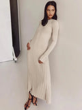 ChicMy-Fall Outfits  Lace-Up Female Knit Maxi Dress Autumn High Waist Fashion Patchwork Long Sleeve Loose Solid Dress Bandage Knitwear Dress