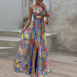 CHICMY-Women Evening Dress One Shoulder Backless Colorful Flower Print Dress Single Long Sleeves Side Split Floor Length Maxi Dress