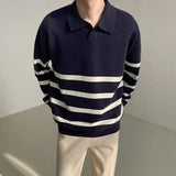 CHICMY-2024 Autumn Korean Style Contrast Striped Sweater Men's Lapel Button Casual Vintage Sweater Pullovers Long-sleeved Men's Sweater