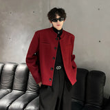 Chicmy-Wine Red Blazers Men Suit Jackets Casual Stand Collar Solid Color Male Short Coats Korean Trendy Men's Clothing Autumn New