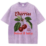 Chicmy-Fresh Picked Cherries Cottonwashed T Shirts Women Sweet Fruit Print T-Shirt Distressed Oversize O-Neck Tops Street Woman Clothes