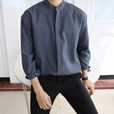 CHICMY-2024 New Silk Senior Sexy Dark Blue Shirt for Men Solid Color Long Sleeve Stand-up Collar Loose Business Casual Iron-free Shirt