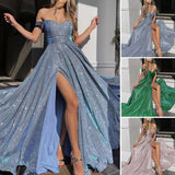 CHICMY-Women Evening Dress Low-cut Off Shoulder Shiny Sequin Dress Split Hem A-line Big Swing Floor Length Satin Prom Maxi Dress