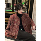 Chicmy-Round Collar Tweed Blazers Cardigan Men's Autumn Collarless Short Jacket Korean Style Chic Fashion Elgance Coat Handsome Jackets