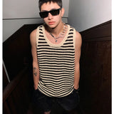 CHICMY-2024 Summer New Niche Knitted Hollow Striped Vest Men Spaghetti Straps O-Neck Casual Loose Retro Couple Knit Sweater Vest
