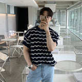 CHICMY-Men's Outfits Summer Men's Clothing Luxury Striped O Neck Knitted T Shirt Retro Half-sleeved Korean Popular Knitwear Leisure Hollow Out Tees