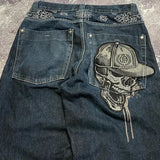 Jeans Men Harajuku Vintage High Waist Casual Jeans Unisex Y2k Hip Hop American Wide Leg Pants Gothic Zipper Skull Embroidered