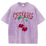 Chicmy-Crystal Cherries Washed T-Shirts Women Cotton Tees Fruit Letter Print Tops Oversize Distressed Short Sleeve Summer Woman Clothes