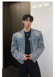 ChicMy-Fall Outfits -Autumn/Winter Coat Jacket INS Style Street Fashion Washed Short Zip Denim Jacket with Shoulder Pads