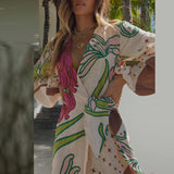 Chicmy-New Pattern Printed Lace Holiday Dress 2025 Spring Summer Women's V Neck Bohemian Dress Casual Long Sleeve Split Beach Dresses