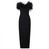 Chicmy-Couture White Feather Trim Cocktail Midi Strapless Dess With Feathers