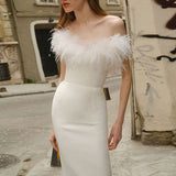 Chicmy-Couture White Feather Trim Cocktail Midi Strapless Dess With Feathers