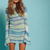 Chicmy-Ombre Fading Block Stripes Flare Long Sleeve Knitted Dress