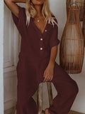 CHICMY- Women Casual Jumpsuit Lapel Mid-Sleeve Button Down Jumpsuit Cotton Wide Leg Pant Jumpsuit