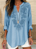 Chicmy- Women's Long Sleeve Embroidery Cotton And Linen V Neck Casual Top