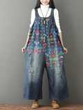 CHICMY- Women's Denim Jumpsuit Overall Ins Floral Pattern Artist Workwear Jumpsuit for Street School