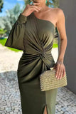 Chicmy-new fashion trend Sexy Solid Color Slit Ruched Knotted Sloping Shoulder Long Dresses