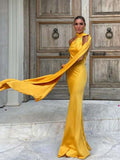 Chicmy-nye outfits Elegant Yellow Satin Long Dress Women Off Shoulder Slim Backless Prom Evening Maxi Dresses 2025 Autumn Lady Night Club Robes