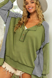 Chicmy-Winter Outfits Women's Autumn Green Sweatshirt Striped Patchwork Sleeve Half Button Sweatshirt