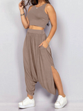 CHICMY-  Womens Casual Two Piece Set Sports Sleeveless T-shirt and Wide Leg Trousers Pant