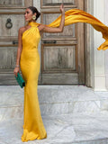 Chicmy-nye outfits Elegant Yellow Satin Long Dress Women Off Shoulder Slim Backless Prom Evening Maxi Dresses 2025 Autumn Lady Night Club Robes