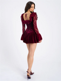 Chicmy Lace Flare Long Sleeve Sexy Mini Dress For Women Elegant Burgundy Lace-up Square Collar Backless Club Party Dress-Christmas Outfit