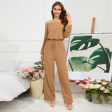 CHICMY- Women's off Shoulder Jumpsuit Overall Solid Tie Waist Straight Jumpsuit