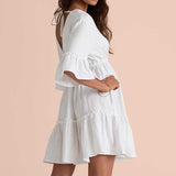 Chicmy-Casual Ruffle Trimmed Long Puff Sleeve V Cut Out Back V Neck Dress